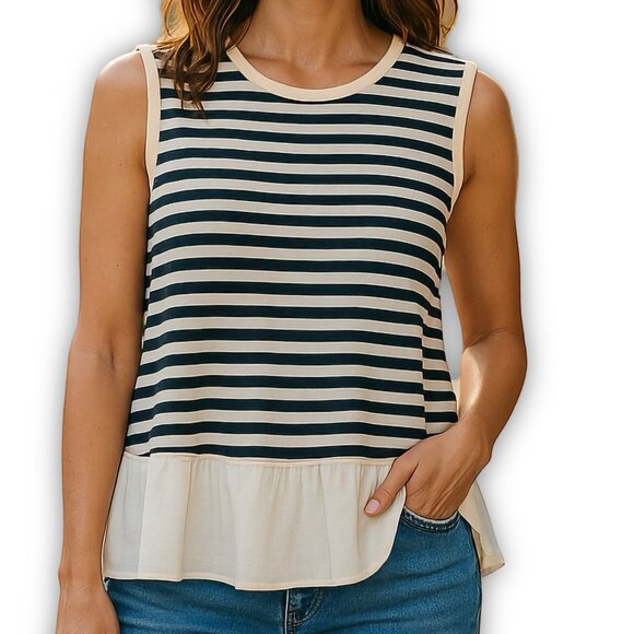Akris Punto Stripe Peplum Tunic Top Navy White Sleeveless 4 - Picture 9 of 9
